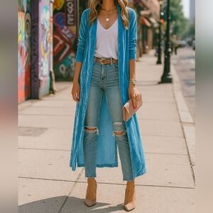Retro Velour 70s Longline Open Front Cardigan Split Hem Sweater Duster Jacket
